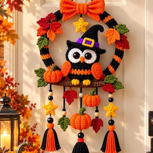 Halloween Crochet Wreath Pattern PDF, Witch Owl Wall Hanging, Pumpkin Fall Decor