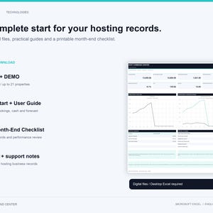 K&ouml;nnte beinhalten: Ein digitales Hosting-Datensatz-Verwaltungssystem von Orloz Technologies mit zwei Excel-Dateien, einem Benutzerhandbuch und einer Checkliste zum Monatsende. Die Benutzeroberfl&auml;che zeigt ein Dashboard mit Finanzdaten, Liniendiagrammen und Kennzahlen.