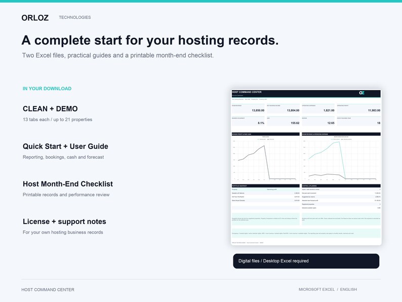 K&ouml;nnte beinhalten: Ein digitales Hosting-Datensatz-Verwaltungssystem von Orloz Technologies mit zwei Excel-Dateien, einem Benutzerhandbuch und einer Checkliste zum Monatsende. Die Benutzeroberfl&auml;che zeigt ein Dashboard mit Finanzdaten, Liniendiagrammen und Kennzahlen.