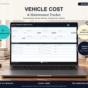 Könnte beinhalten: Ein Laptop-Bildschirm mit dem Orloz Technologies Vehicle Cost & Maintenance Tracker für Microsoft Excel. Die Benutzeroberfläche zeigt ein Vehicle Ownership Command Center Dashboard mit Datentabellen, 11 Arbeitsmappen-Tabs und Service-Warnungen.