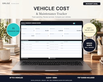 May include: A laptop screen displaying the Orloz Technologies Vehicle Cost & Maintenance Tracker for Microsoft Excel. The interface shows a Vehicle Ownership Command Center dashboard with data tables, 11 workbook tabs, and service alerts.
