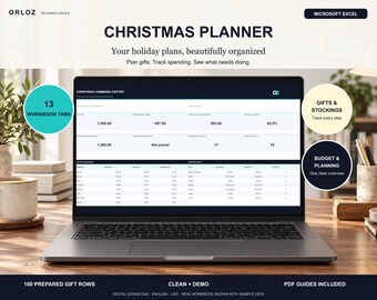 May include: A laptop screen displaying a Christmas Planner Microsoft Excel workbook titled Christmas Command Center. The interface features data tables for tracking gifts, spending, and holiday tasks, with text labels including 13 Workbook Tabs.