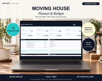 May include: A laptop screen displaying the Orloz Technologies Moving House Planner & Budget Microsoft Excel workbook. The interface features a Moving Command Center dashboard with data tables, cost tracking, and task lists for home relocation.