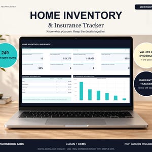 Könnte beinhalten: Ein Laptop-Bildschirm zeigt eine Home Inventory and Insurance Tracker Tabelle von Orloz Technologies. Die Benutzeroberfläche enthält Datentabellen, Diagramme und Finanzübersichten. Der Text umfasst 249 Inventory Rows, Values and Evidence.