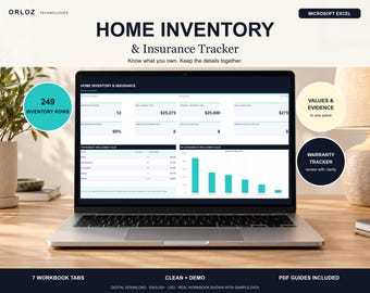 May include: A laptop screen displays a Home Inventory and Insurance Tracker spreadsheet by Orloz Technologies. The interface shows data tables, charts, and financial summaries. Text includes 249 Inventory Rows, Values and Evidence, and Warranty Tracker.