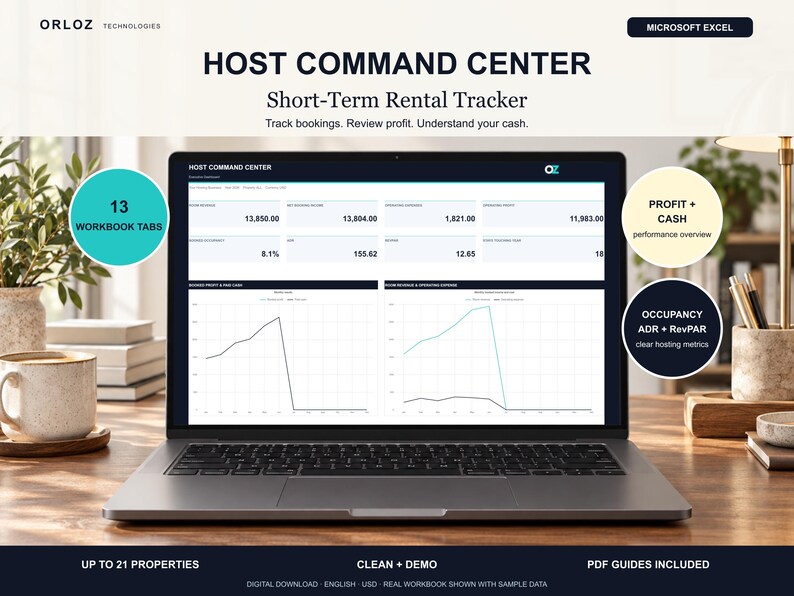 K&ouml;nnte beinhalten: Ein Laptop-Bildschirm zeigt den Host Command Center Short-Term Rental Tracker in Microsoft Excel. Das Dashboard enth&auml;lt Finanzkennzahlen, Liniendiagramme und Datentabellen. Texteinblendungen heben 13 Arbeitsmappen-Registerkarten, Gewinn- und Cashflow-Leistung sowie Auslastungskennzahlen hervor. Die Benutzeroberfl&auml;che enth&auml;lt das Orloz Technologies-Logo und Beispieldaten.