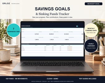 May include: A digital savings goals and sinking funds tracker for Microsoft Excel by Orloz Technologies. The screen displays a savings dashboard with financial data, including workbook tabs, monthly funding gaps, and a yearly overview.
