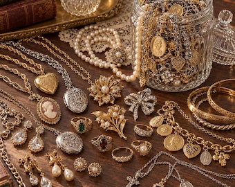 May include: A collection of gold and silver-toned jewelry including necklaces with lockets, cameo pendants, and floral motifs. The assortment features pearl strands, crystal drop earrings, rings with colored stones, charm bracelets, and a glass jar filled with chains.