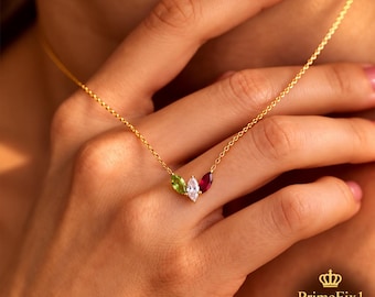 Custom 3 Birthstone Leaf Necklace, Marquise CZ Family Jewelry