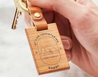 Let's Go Adventuring - Personalised Wooden Keyring | Personalised Father's Day Gift For Him | Tent and Campsite Illustrated Keychain for Dad