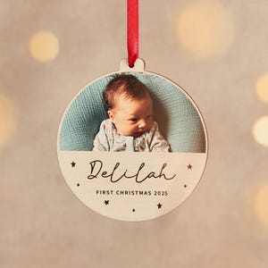 Personalized Baby's First Christmas Wooden Photo Bauble