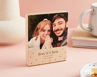 Personalisierte Verlobungs Foto-Block | Vorschlag Foto Andenken | Verlobungsfeier Geschenk für Paar | Hölzerne Verlobungsfotorahmen Alternative