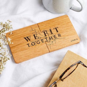 Personalised &#39;We Fit Together&#39; Wooden Jigsaw Coaster Set | Wedding, Anniversary, Valentine&#39;s Gift for Couples | Name Puzzle Coasters