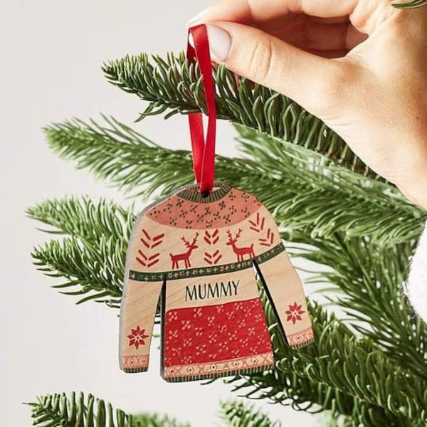 Personalizado puente de Navidad Bauble - Vintage estilo Navidad Jumper Tree Ornamentado personalizado con nombre - decoración del árbol del suéter de vacaciones