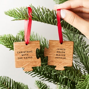 Personalised Two Piece Jigsaw Decoration Set - Puzzle Piece Christmas Tree Baubles for Family Names or Couples - Seasonal Holiday Ornament