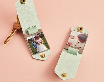 Personalised Double Photo Keyring with Leather Case | Leather Keychain with Two Photos + Initials | Handmade Mother's Day Gift for Mum