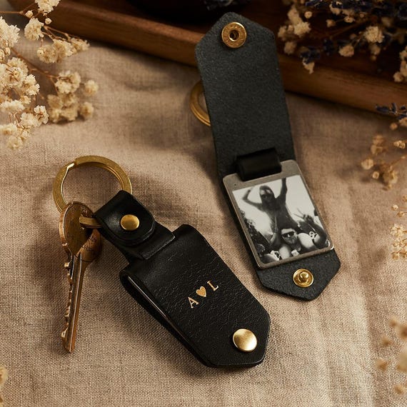 Personalised Photo Keyring Gift -Black Leather Case Initials Handmade  Father's Day Christmas Anniversary Gift for Him, Keychain Gift