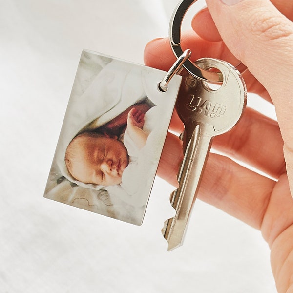 Personalised Acrylic Photo Keyring with Wood and Engraved Text - Gift for Christmas / Birthdays / Father's Day, Personalized Keychain