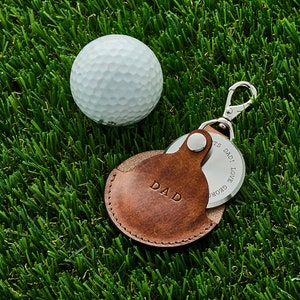 Personalised Golf Ball Marker with Leather Case Keyring | Personalized Golfer Gift | Golf Lover Gift for Christmas, Father&#39;s Day, Retirement