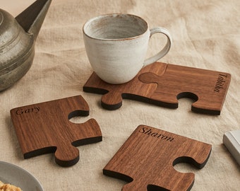 Personalised Wood Set Of Four Coasters. Personalized Four Piece Jigsaw Coaster Set. Solid Walnut Wood. Birthday / Housewarming Gift.