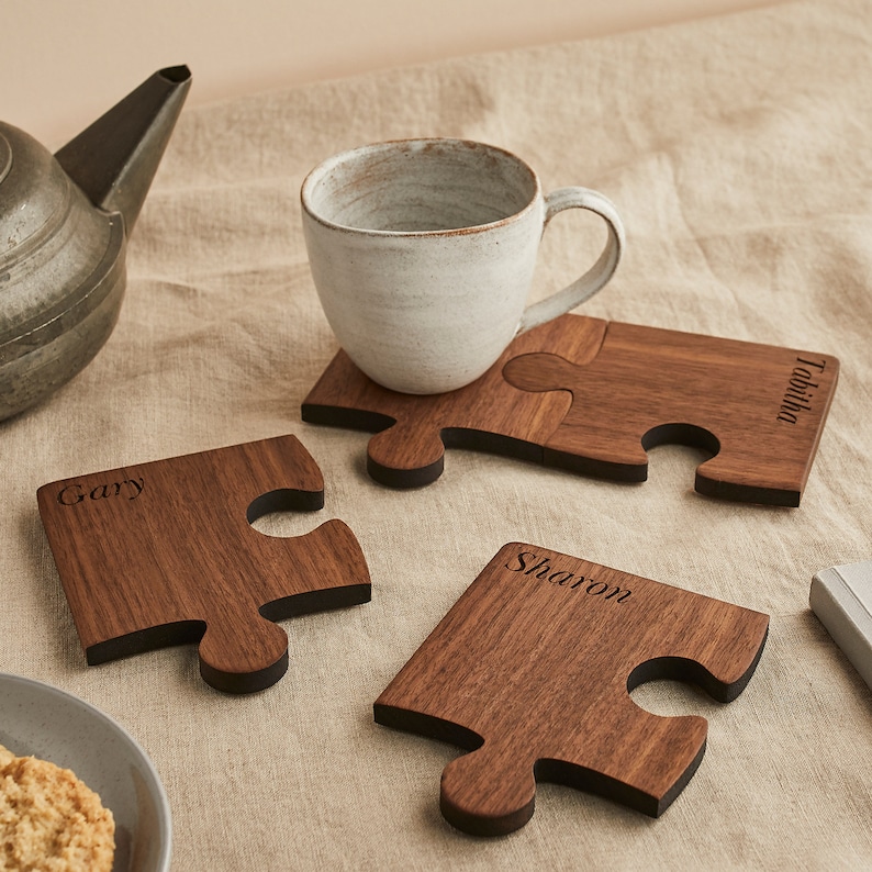 Personalised Wood Set Of Four Coasters. Personalized Four Piece Jigsaw Coaster Set. Solid Walnut Wood. Birthday / Housewarming Gift. image 1