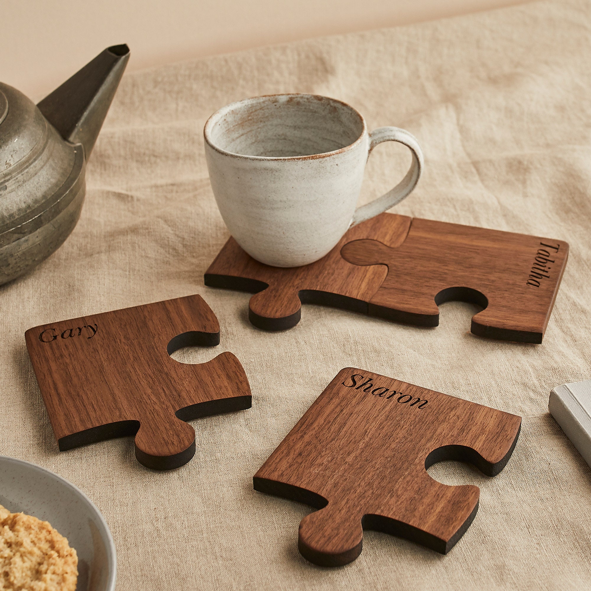 Personalised Wood Set of Four Coasters. Personalized Four Piece Jigsaw  Coaster Set. Solid Walnut Wood. Birthday / Housewarming Gift. 