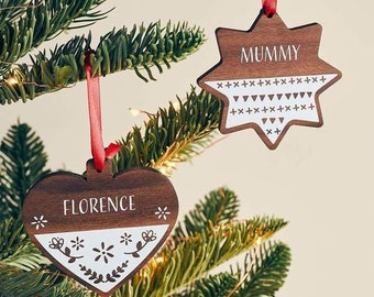 Personalised Scandi Walnut Wood Christmas Bauble - Traditional Christmas Tree Ornaments with Names - Seasonal Decorations Heart Star