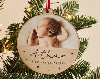 Boule de photo en bois personnalisée du premier Noël - Ornement d’arbre du 1er Noël 2022 de bébé + photo - Cadeau souvenir du premier Noël Nouveau bébé