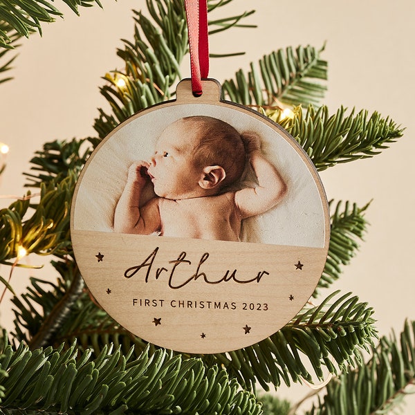 Boule de photo en bois personnalisée du premier Noël - Ornement d’arbre du 1er Noël 2022 de bébé + photo - Cadeau souvenir du premier Noël Nouveau bébé