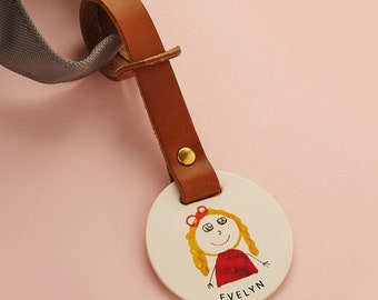 Personalised Child's Drawing Leather Luggage Tag | Travel Bag Tag Personalized with Kids’ Artwork | Draw Your Own Gift