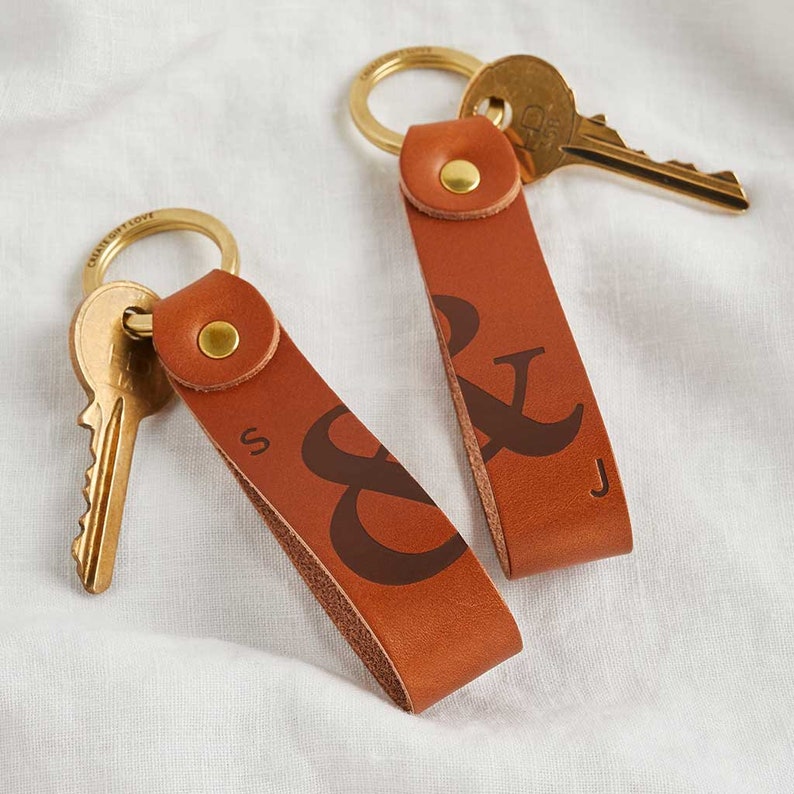 Personalised Couples Leather Keyring Set | Matching Pair of Keychains for Valentine's Day Gift, His and Hers Set of Two, Ampersand Initials 