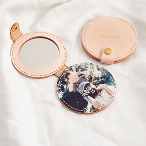 Personalised Photo Compact Mirror With Leather Case / Mother's Day Gift for Mum / Hand Pocket Mirror Personalised with Initials Photo Gift image 3