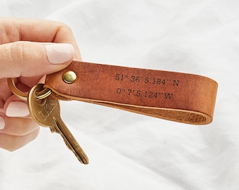 Personalised Leather Coordinate Keyring Engraved, Third Wedding Anniversary Gift, Valentine's Keychain, Latitude Longitude, Special Place