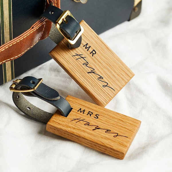 Personalised Mr and Mrs Wooden Luggage Tag Set - Wedding / Honeymoon / Anniversary Gift for Couple / Engraved Luggage Tags + Leather Straps