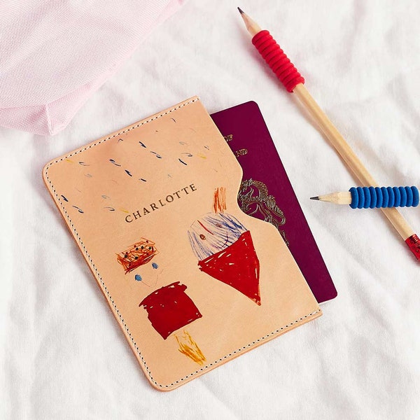 Personalised Child's Drawing Leather Passport Holder | 'My First Passport Holder' with Kid's Artwork | Personalized Passport Case for Kids