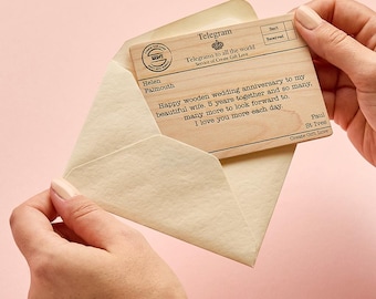 Personalised Wooden Telegram - Unusual 5th Wedding Anniversary Card