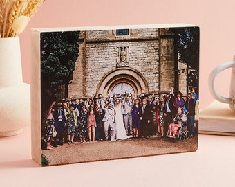 Personalised Full Photo Wooden Block - Large | Solid Wood Photo Display Block for Portrait or Landscape Photos | Wedding or Group Photo Gift
