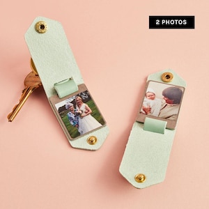Double porte-clés photo personnalisé avec étui en cuir | Porte-clés en cuir avec deux photos + initiales | Cadeau de fête des pères fait main pour papa
