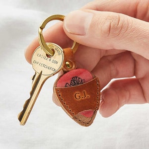 Personalised Plectrum Holder Leather Keyring | Keychain Gift for Musician Dad | Personalized Father&#39;s Day Present for Guitarists