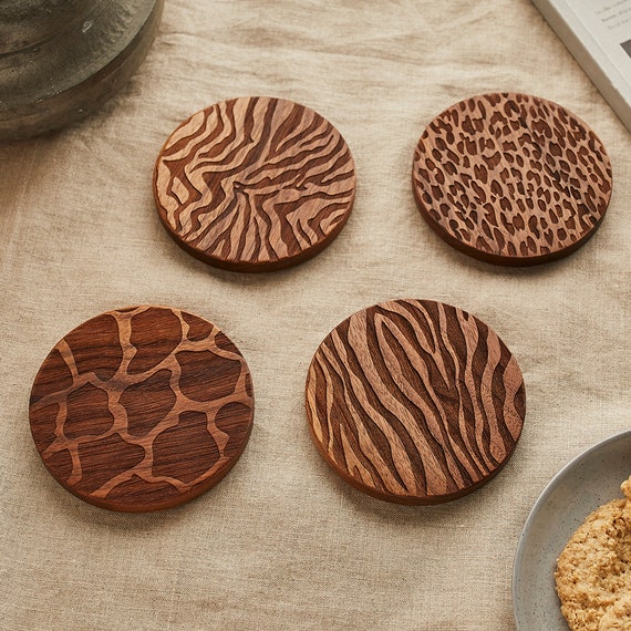 Animal Print Coaster Set, Engraved Wooden Set of 4 Round Coasters / Drinks  Mat Including Wild Leopard, Zebra, Giraffe and Tiger Print 