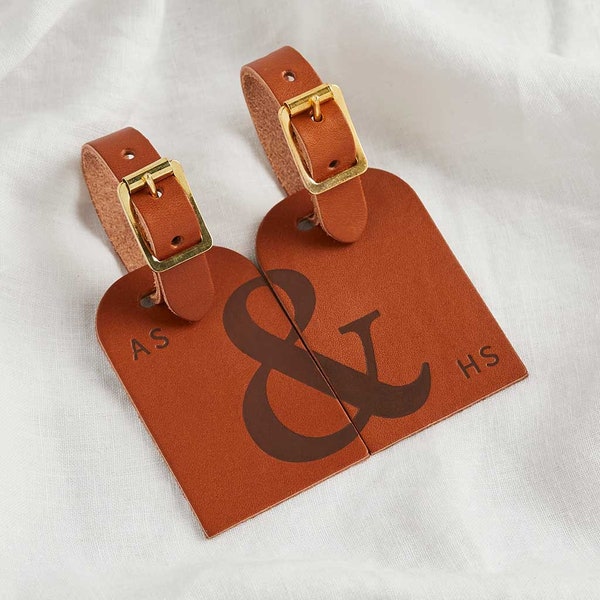 Personalised Couples Leather Luggage Tag Set | His & Hers Luggage Tag Wedding Gift for Honeymoon | Ampersand Initials Leather Luggage Tags