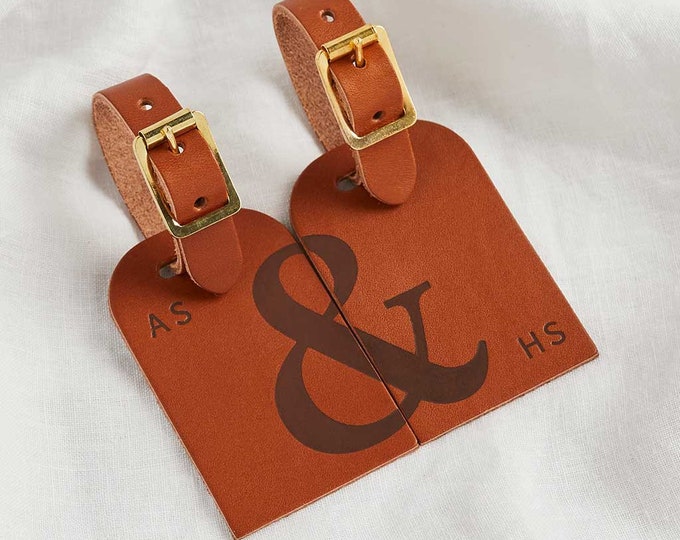 Personalised Couples Leather Luggage Tag Set | His & Hers Luggage Tag Wedding Gift for Honeymoon | Ampersand Initials Leather Luggage Tags