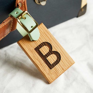 Personalised Wooden Luggage Tag with Initial and Leather Strap Travel Gift for Her Holiday / Honeymoon / Gap Year Personalised Gift image 1