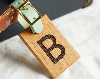 Personalised Wooden Luggage Tag with Initial and Leather Strap - Travel Gift for Her - Holiday / Honeymoon / Gap Year Personalised Gift