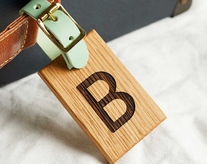 Personalised Wooden Luggage Tag with Initial and Leather Strap - Travel Gift for Her - Holiday / Honeymoon / Gap Year Personalised Gift