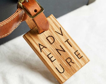 Personalised Wooden Luggage Tag Adventure with Leather Strap - Travel Gift for Her - Holiday / Honeymoon / Gap Year Personalised Gift