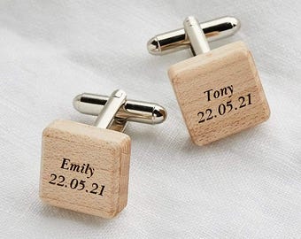 Square Wooden Engraved Cufflinks - Personalised 5th Anniversary Gift Cuff Links