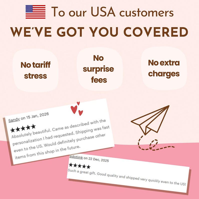 May include: A promotional graphic with the text "To our USA customers WE'VE GOT YOU COVERED." It includes the American flag, customer reviews, and icons. The text highlights "No tariff stress," "No surprise fees," and "No extra charges."