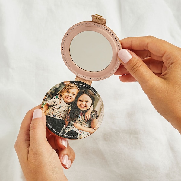 Miroir compact photo personnalisé avec étui en cuir / cadeau fête des mères pour maman / miroir de poche à main personnalisé avec initiales + cadeau photo