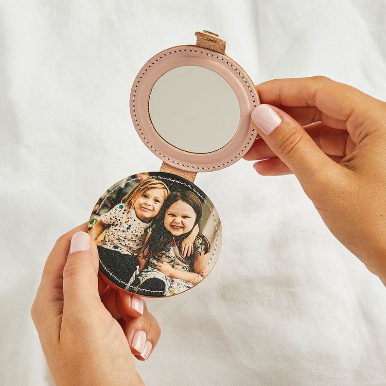 Personalised Photo Compact Mirror With Leather Case / Mother's Day Gift for Mum / Hand Pocket Mirror Personalised with Initials Photo Gift image 1